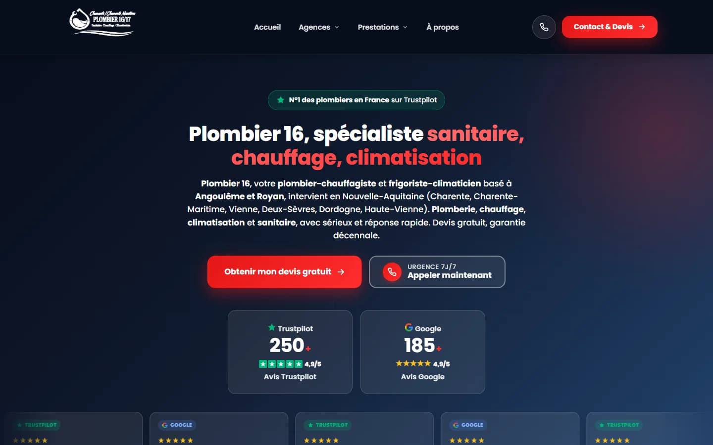 Plombier 16 : le haut de la page d'accueil sur ordinateur