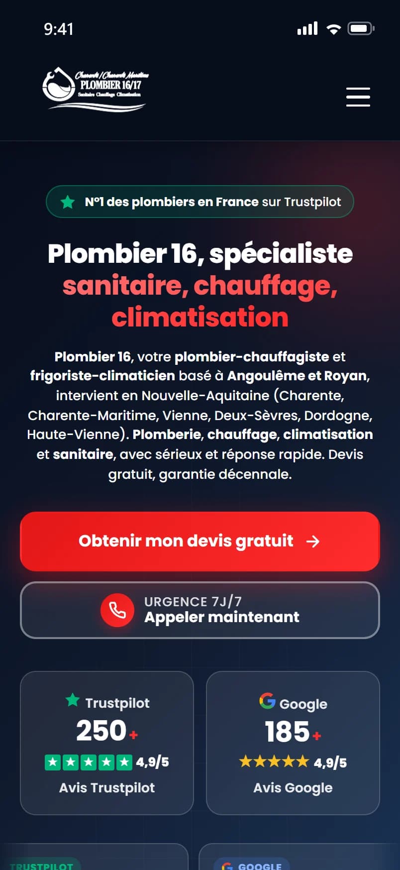 Plombier 16 : le haut de la page d'accueil sur téléphone