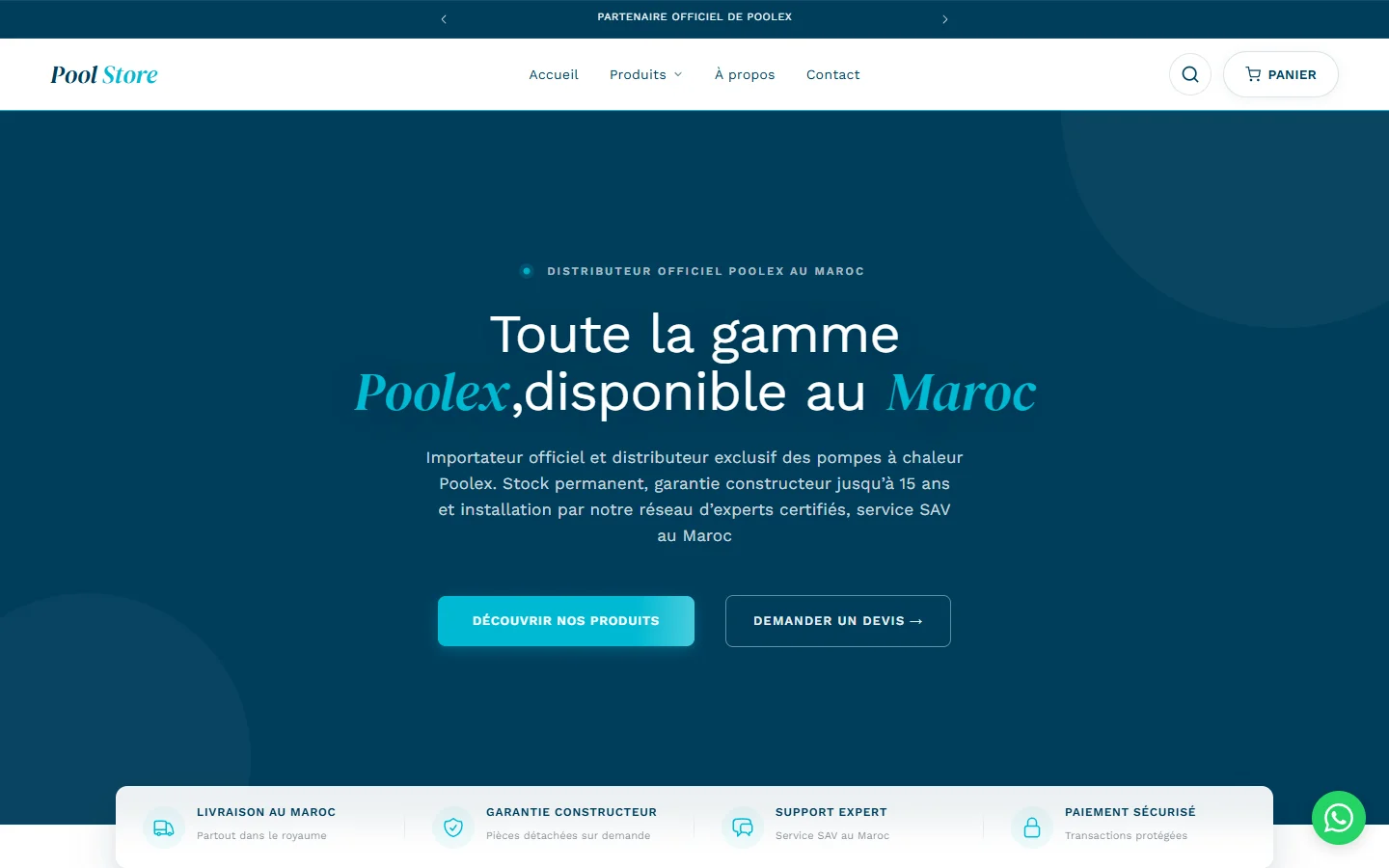 Poolstore : le haut de la page d'accueil sur ordinateur