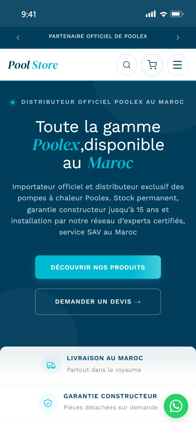 Poolstore : le haut de la page d'accueil sur téléphone